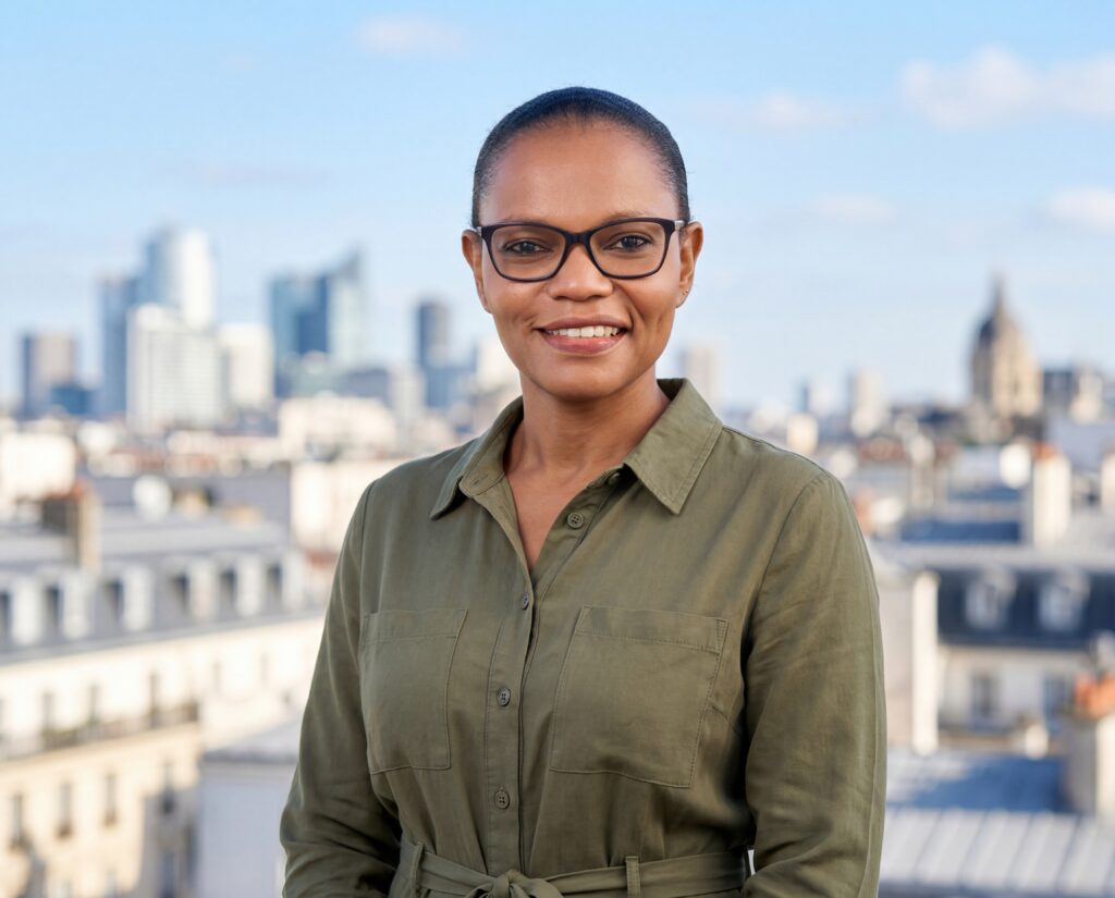 woman smiling standing on a parisienne roof