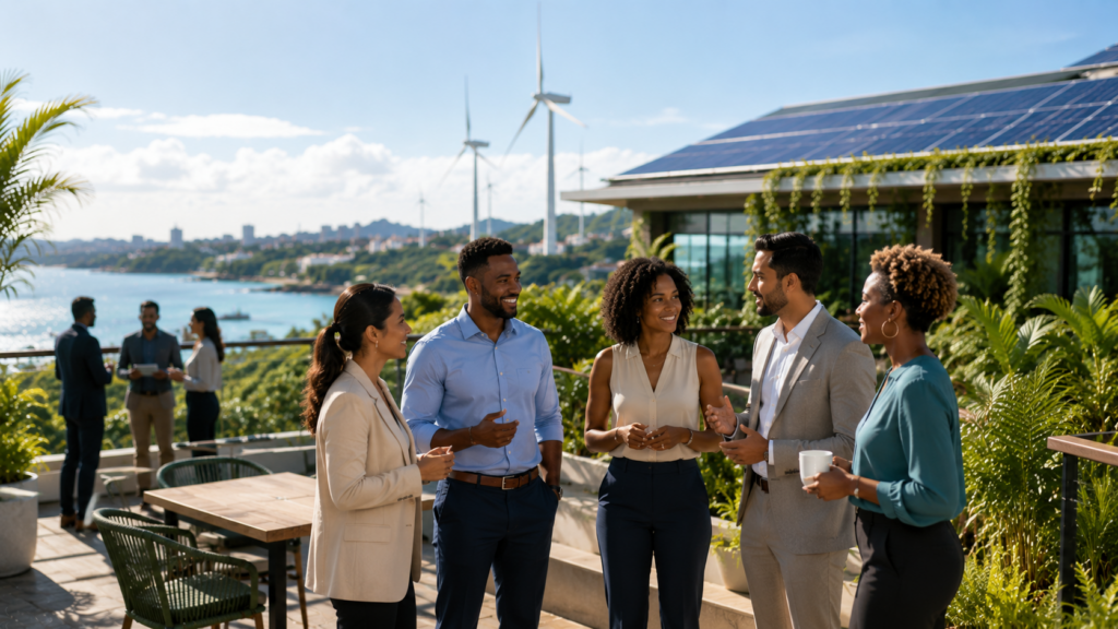 Business professionals talking on a green rooftop terrace with solar panels and wind turbines, overlooking a Caribbean coastline.