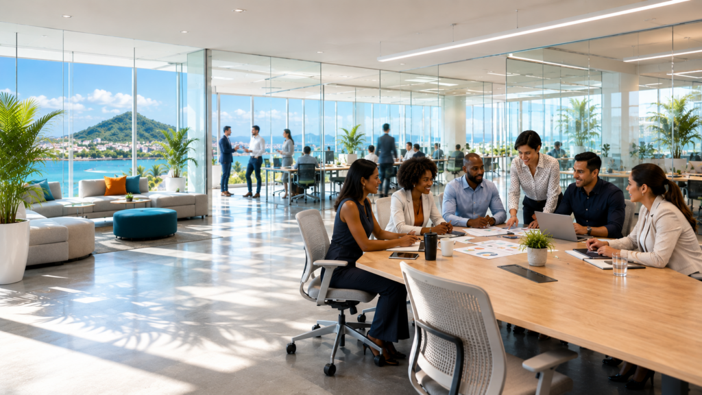 “A diverse team in conversation around a meeting table, collaborating in a light-filled office while others work and chat behind glass walls.”